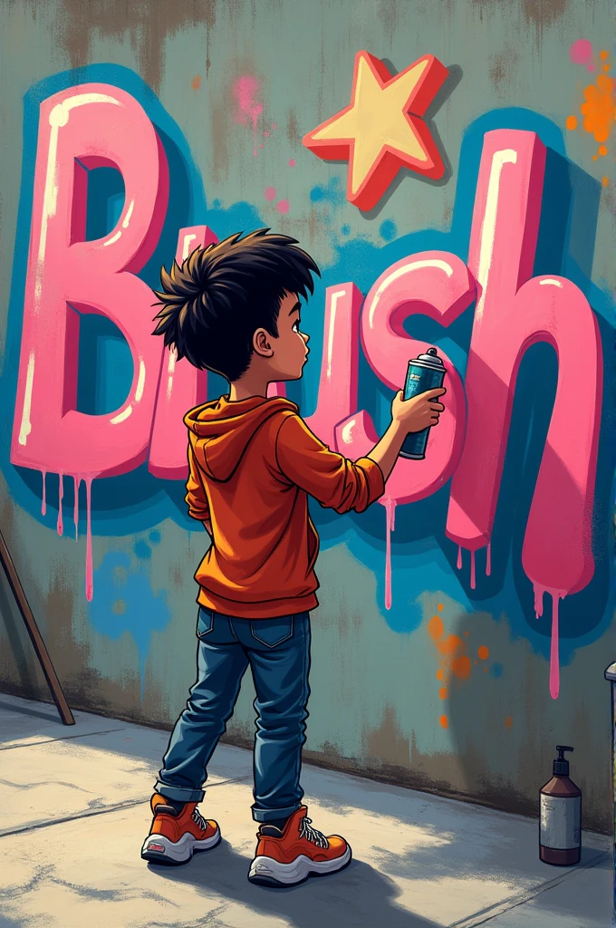 A person spray-painting the name Brush, cartoon 