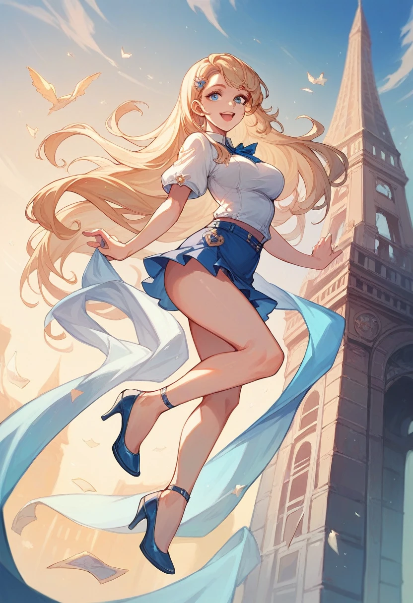 1 girl, Long hair, breasts, looking at the viewer, smile, open mouth, blue eyes, blond hair, Love, beautiful bust, high heels, mini skirt, tower of Pisa