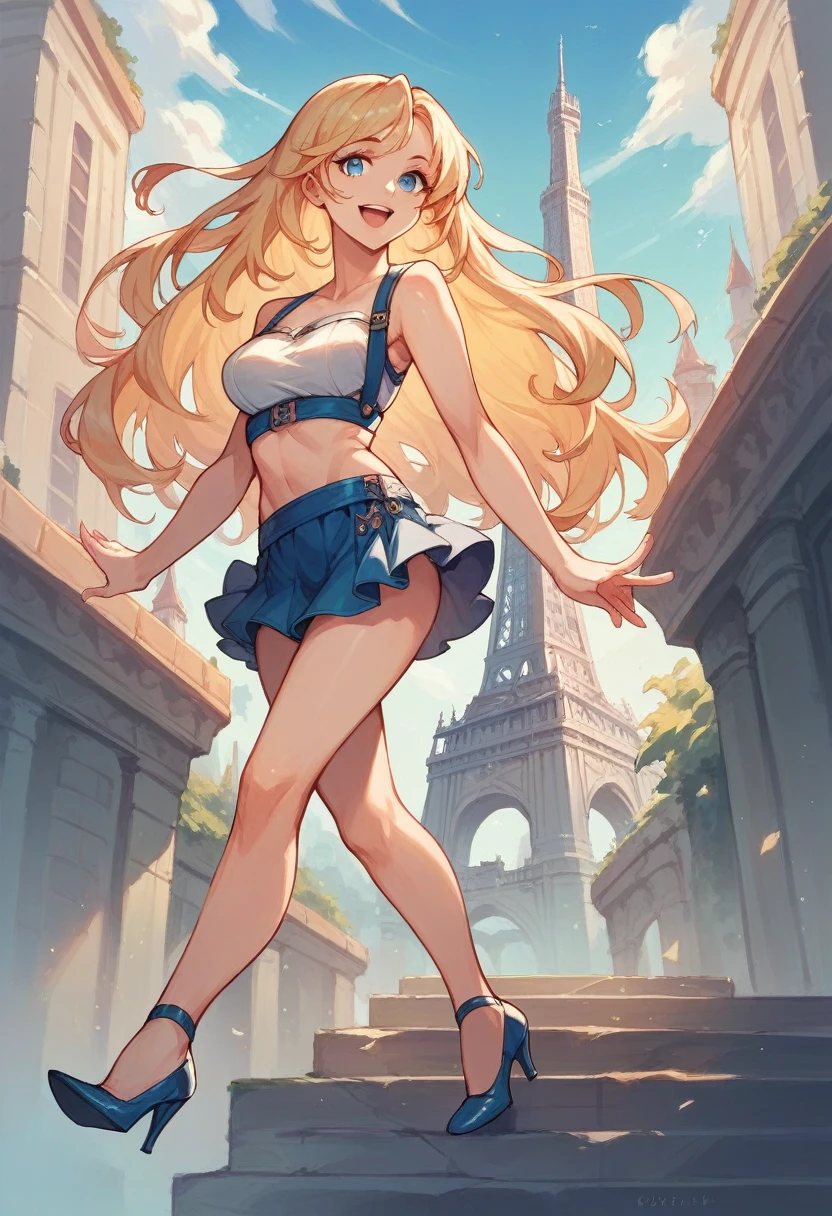 1 girl, Long hair, breasts, looking at the viewer, smile, open mouth, blue eyes, blond hair, Love, beautiful bust, high heels, mini skirt, tower of Pisa