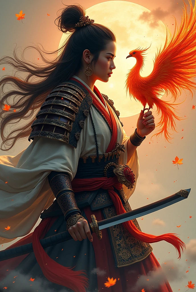 warrior with sword, phoenix in hand and samurai hair 
