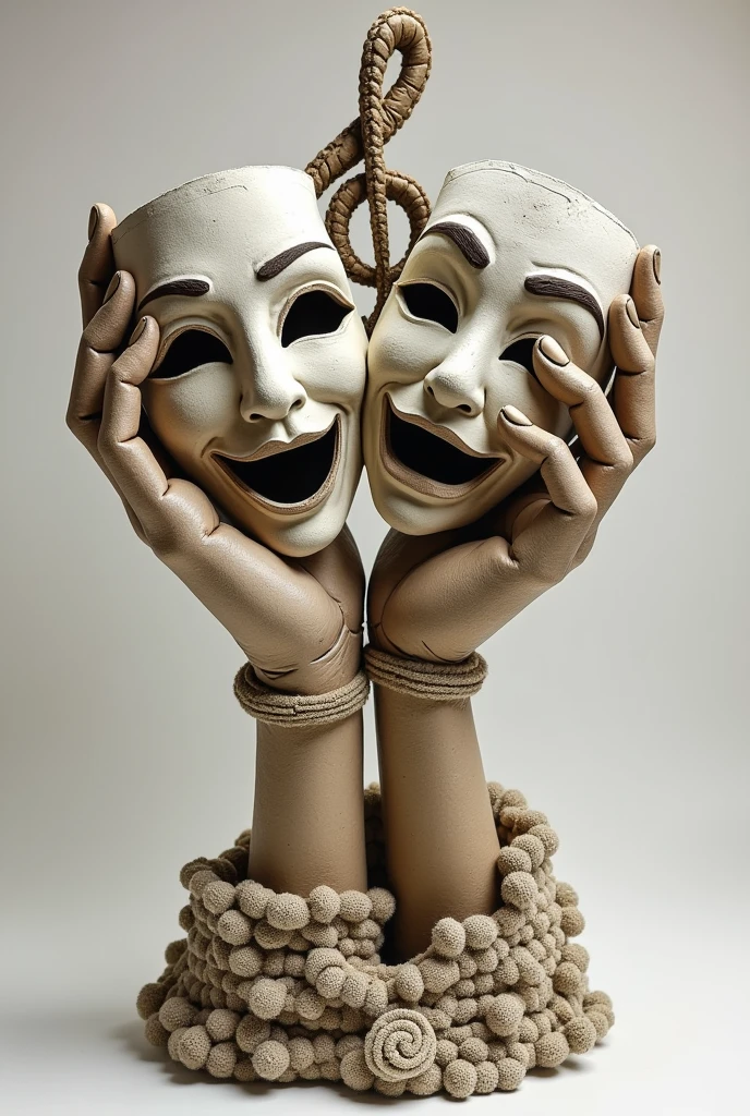 Sculpture of two hands in paper mache holding the faces of the theater and a treble clef as a support, and crochet parts, give me four sketches, head on, back and two sides