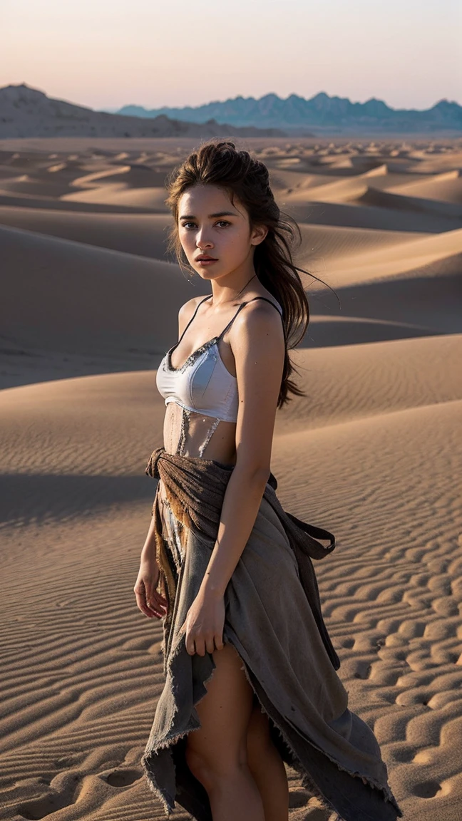 masterpiece, Transition to a desert landscape at sunset, a lonely figure, A beautiful 13-year-old American teenager emerges wearing beautiful post-apocalyptic nomadic clothes., White skin, by rubio, gray blue eyes, Freckles in the face, slim body for running, small breasts, Very detailed face, ultra realistic face, very beautiful face, clean but tired face, post-apocalyptic clothing. Layers of tattered fabric, unconventional accessories, and a worn appearance create an aura of survival and resistance., 16k, ultra high resolution.photorealistic, HD, raw, DSLR