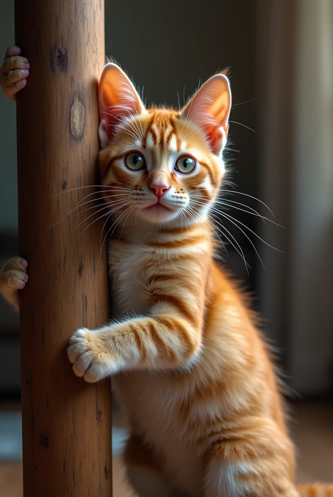 create an image of a standing cat that looks complete,
disguising that he is hugging a large object with his pupils dilated to make it look more real