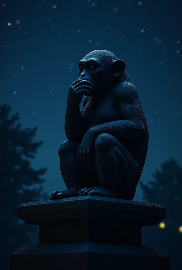 Night darkness、A stone statue of a monkey with its mouth covered by its hand