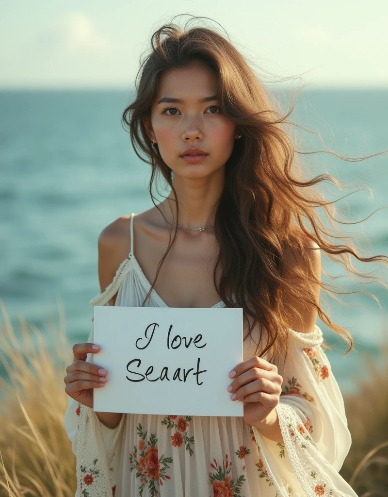Beautiful girl with wavy long hair, bohemian dress, holding a white board with text "I Love Seaart Infinity" and showing it to the viewer