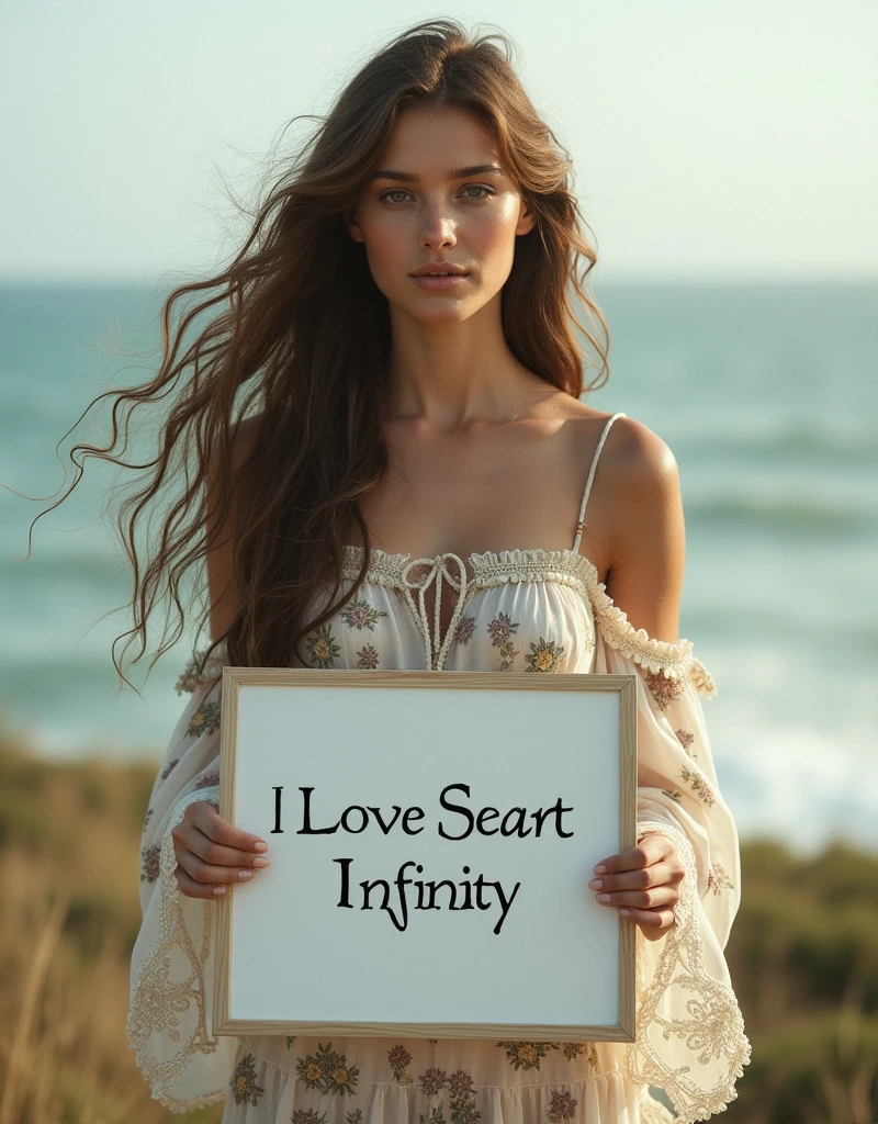 Beautiful girl with wavy long hair, bohemian dress, holding a white board with text "I Love Seaart Infinity" and showing it to the viewer