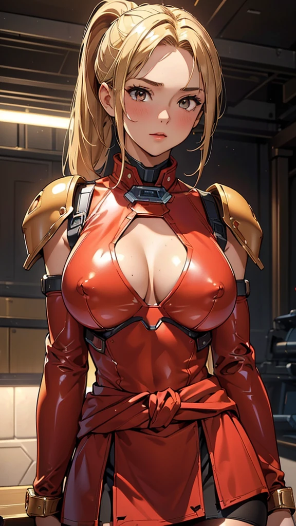 best quality, masterpiece, High resolution,, 1 girl, Detailed face, (Upper Body:1.6), actual, Rich in details, (Beautiful body:1.4),Red translucent armor，Arm mecha，blonde short hair，Long ponytail hairstyle，Huge Breasts，cleavage，Pistol hanging from waist，fighter pilot，fighter hangar，Sexy，lipstick，Golden Eyes，stockings，Short skirt，Nipples exposed