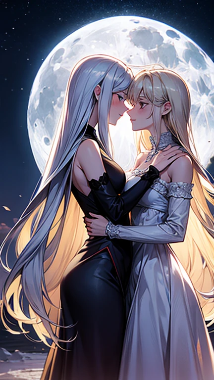(Moonlit Confession),moon,Two women kissing,A girl with long blonde hair and a girl with short silver hair