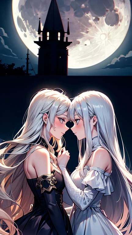 (Moonlit Confession),moon,Two women kissing,A girl with long blonde hair and a girl with short silver hair