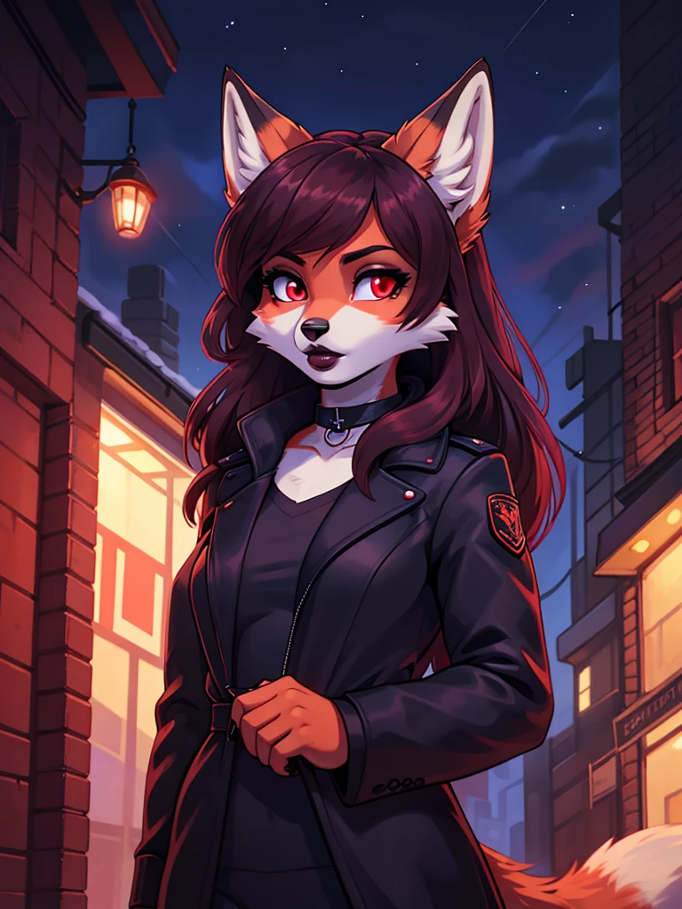 Best quality, furry girl red fox with red eyes, with black long hair, with black spout, with burgundy lipstick, big lips, in a classic black jacket, with a black choker around his neck, in a spy costume, portrait, against the background of the night Soviet city