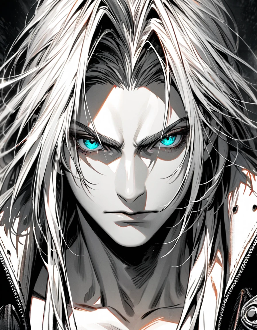 Ultra detailed, Highres, absurdres, HDR, Sephiroth, silver hair, Final Fantasy VII Remake, handsome, 1 man only, very detailed face and eyes, monochrome , serious, portrait