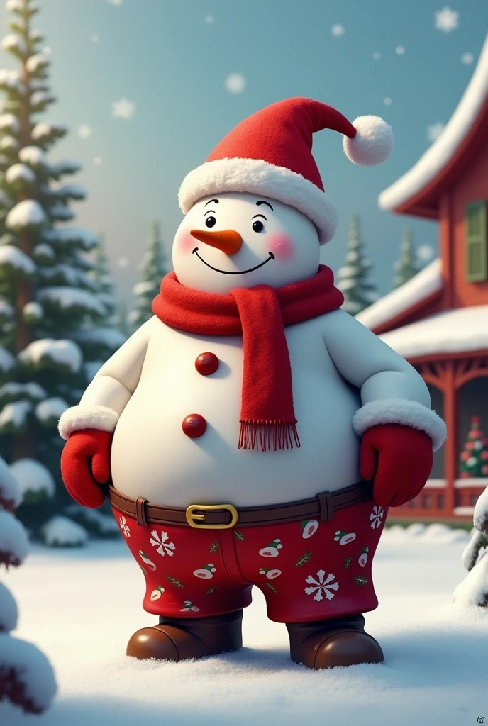 [Core Concept] A classic, jolly snowman figure dressed in festive holiday attire.

[Character Description] A tall, muscular snowman wearing a red Christmas hat, a carrot nose, and a bright red scarf. His expression is a warm, friendly smile.

[Environment/Background] The snowman is standing in front of a house with a red roof, set against a wintry landscape.

[Style and Atmosphere] The scene has a traditional, nostalgic feel, evoking the charm and cheer of the holiday season.

[Composition] The snowman is the central focus, positioned prominently in the foreground, with the house and surrounding environment providing context and setting.

[Details and Embellishments] The snowman's body is adorned with a red Christmas-themed patterned pants, adding to the festive aesthetic.

[Technical Specifications] The image should be rendered in a realistic, detailed style, with careful attention to lighting, texture, and realistic proportions.