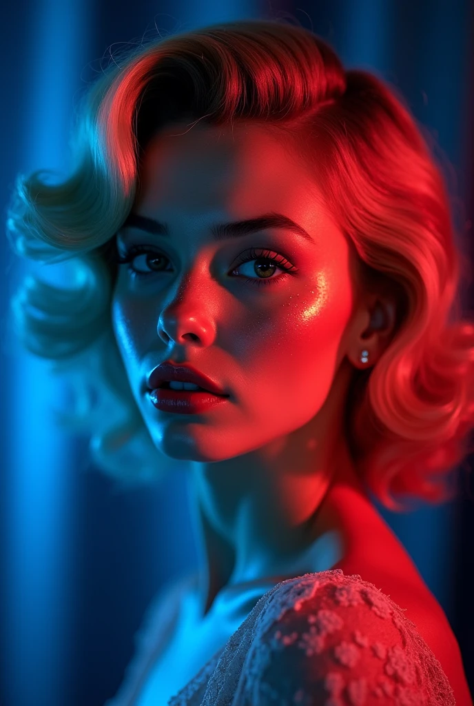 woman with realistic freckles and Marilyn Monroe hair and blue and red studio lights on her and dark blue background
