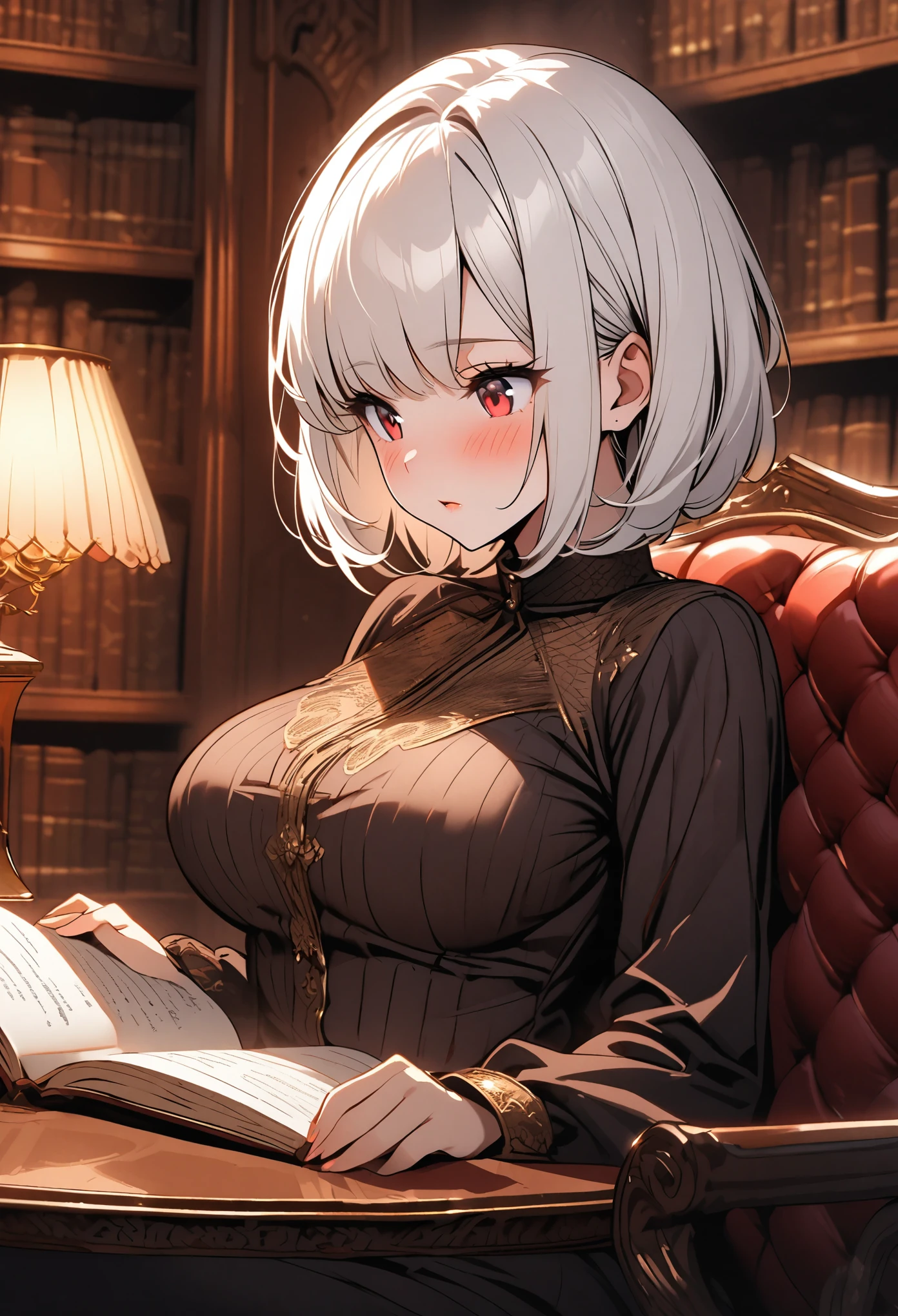 female, solo, close up, white hair, red eyes, mansion, gold, luxury, very large breasts, short hair, bob cut hair, library, blush, reading, short, modest clothes, lamp, coffee, sitting