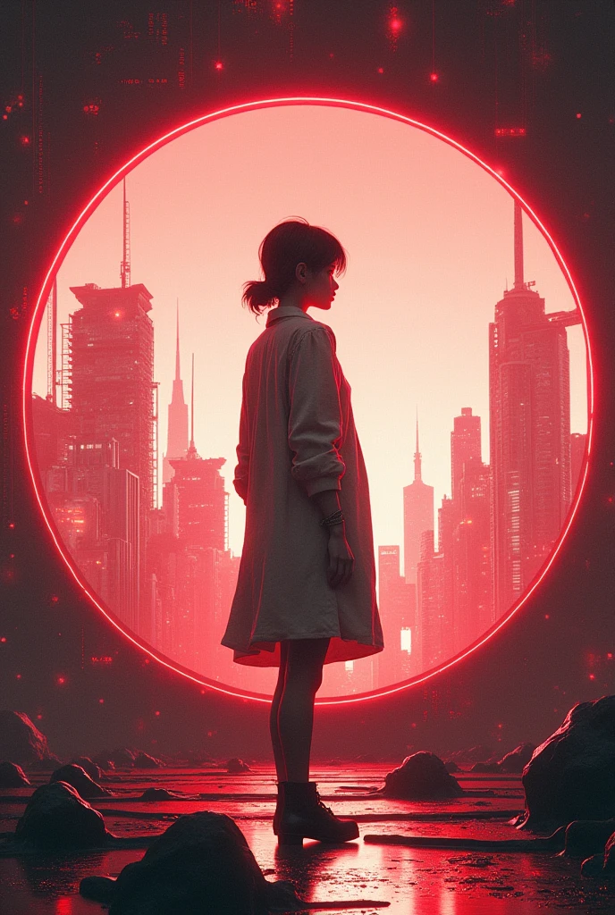ral-ertmsphr otclillsn carcosa city, cybersecurity meme, data flows, dynamic movement, Red and white, a casual vintage goddess inside the circle, LOOKING CURIOUS, Through the city of Y Shinkawa