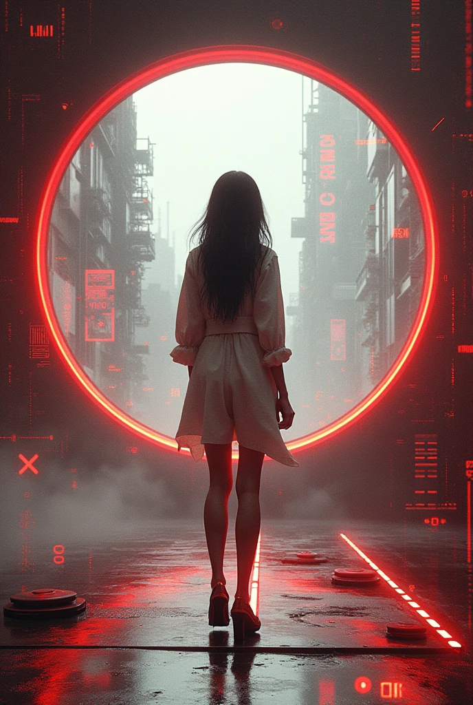 ral-ertmsphr otclillsn carcosa city, cybersecurity meme, data flows, dynamic movement, Red and white, a casual vintage goddess inside the circle, LOOKING CURIOUS, Through the city of Y Shinkawa