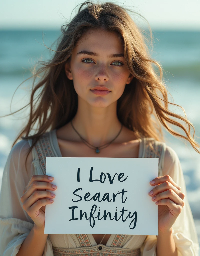Beautiful girl with wavy long hair, bohemian dress, holding a white board with text "I Love Seaart Infinity" and showing it to the viewer