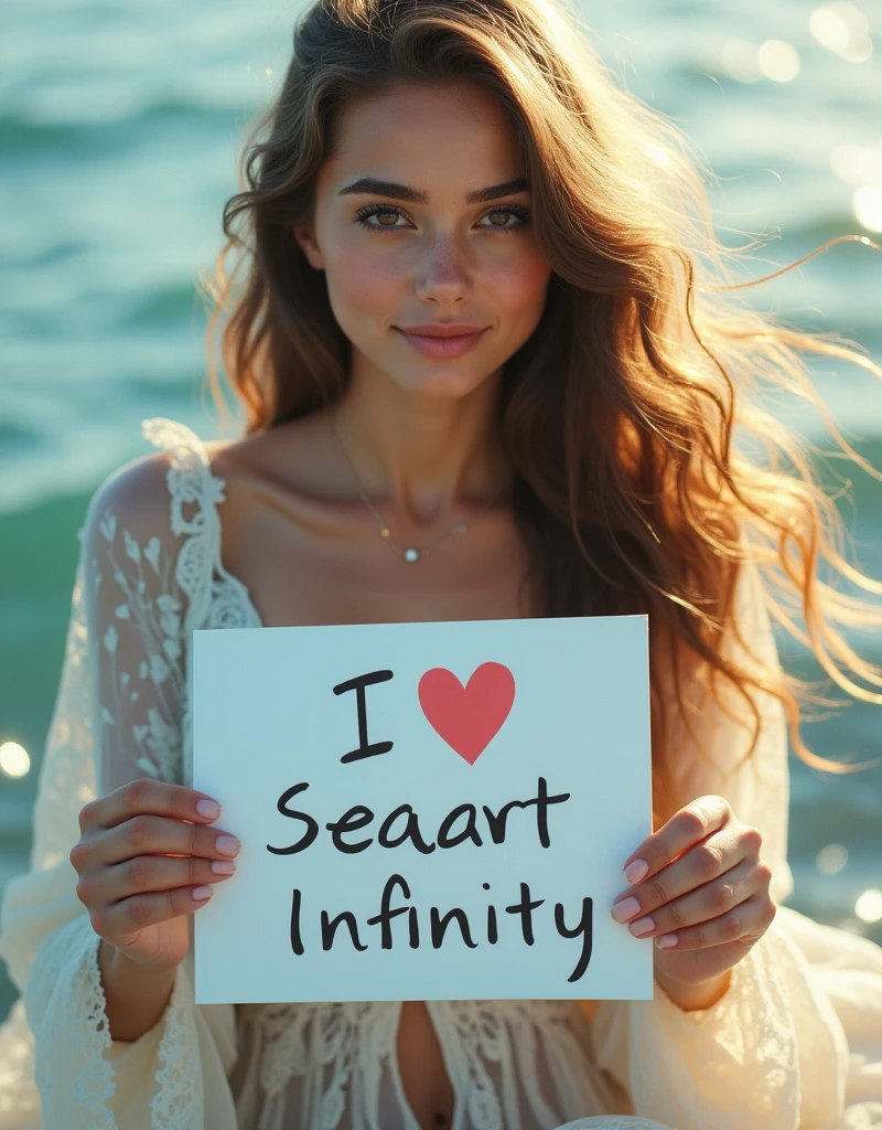 Beautiful girl with wavy long hair, bohemian dress, holding a white board with text "I Love Seaart Infinity" and showing it to the viewer