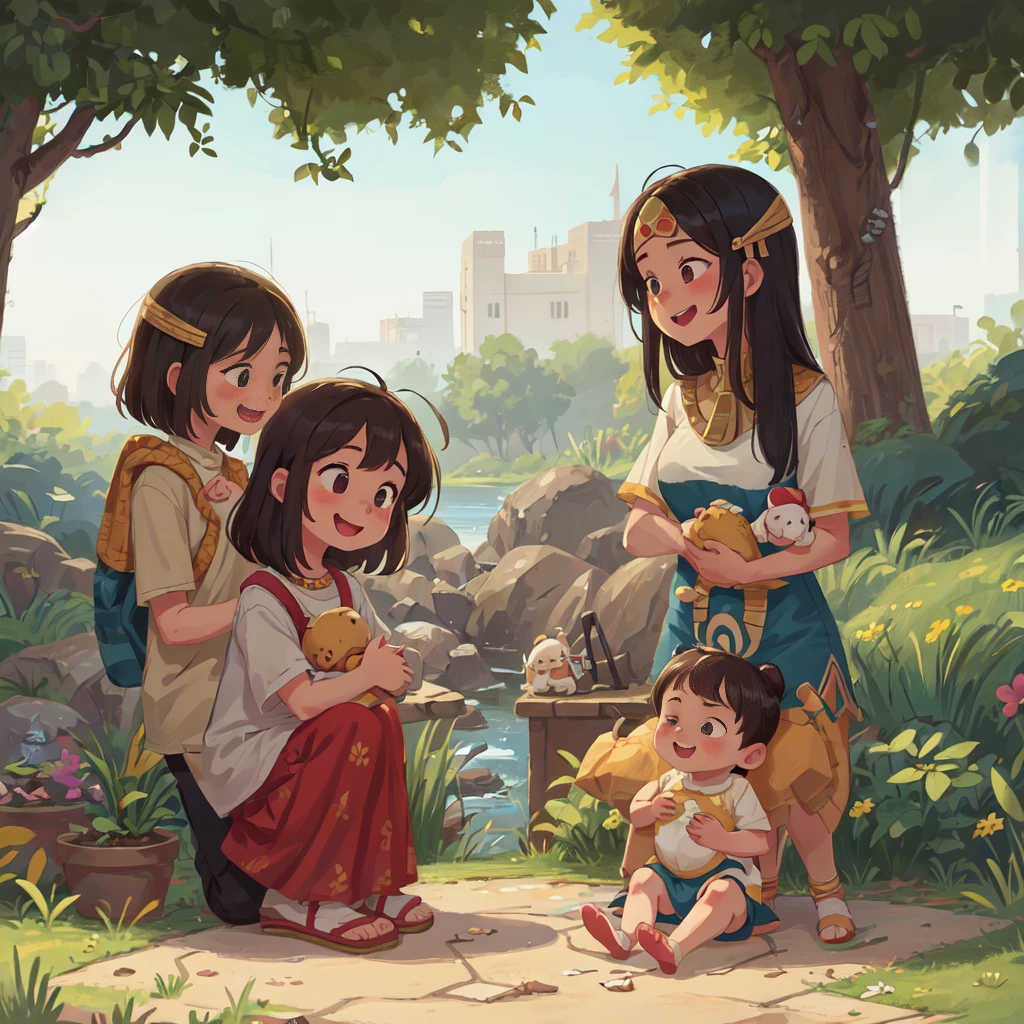 Scene from ancient Egypt time near the river in the backyard of the Egyptian palace: The Daughter of an Egyptian Pharaoh, she decides to adopt the in her arms, caressing the baby's face with a smile.