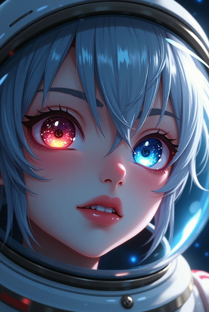 (Close-up of a better masterpiece:1.5)0.9], (Space and astronauts:1.2) (Messy silver hair:1.1) (Heterochromia xanthochromia and blue eyes:1.2) (Space Helmet:1.0) (Colored stars in the eyes:1.0) (A radiant glow:1.1) (thick lips:0.9)