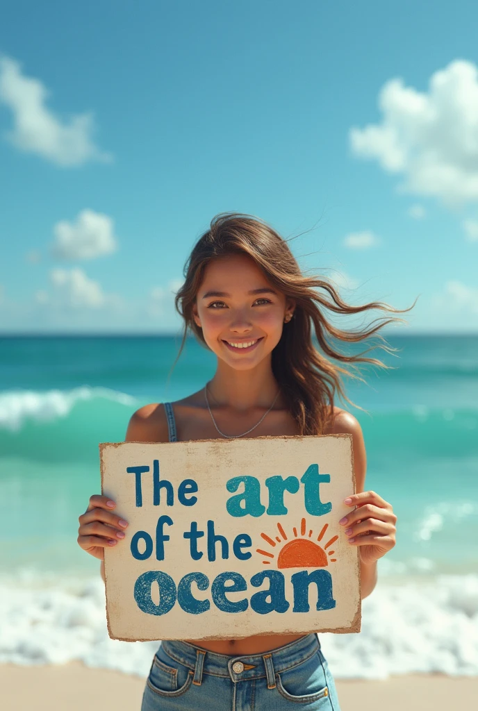 Hyperrealism，A girl holds up a sign that says I Love Seaart Infinity，Standing by the sea，Movie-quality images，Sunlight，Waves，Beach