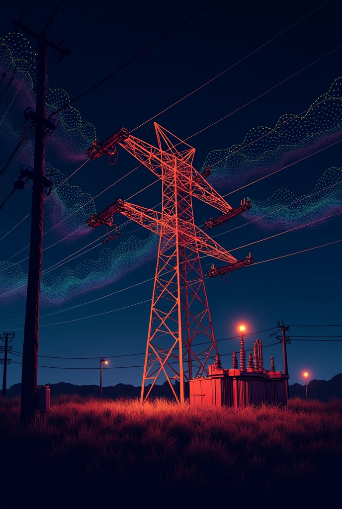 "Create a detailed digital illustration depicting electrical harmonics in a power system. The image should include a power line with fluctuating waveform patterns representing harmonics in different frequencies. Use vibrant colors to distinguish between the fundamental frequency and higher-order harmonics. Include elements like transformers and circuit breakers to indicate a typical power distribution setup. The background should be dark, symbolizing the complexity and potential disturbances caused by harmonics in electrical circuits."