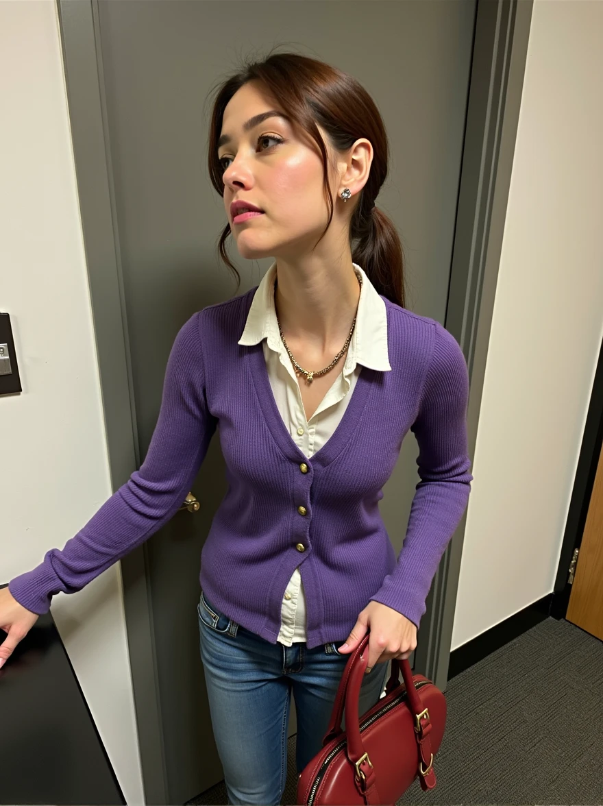 Downblouse shot, with unbuttoned jeans, (down blouse:1.3), (unbuttoned jeans:1.3)