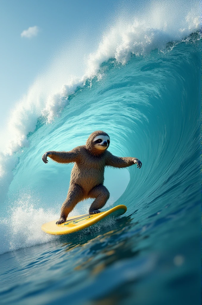 A sloth surfing a big wave with a surfboard with the recycling logo on it