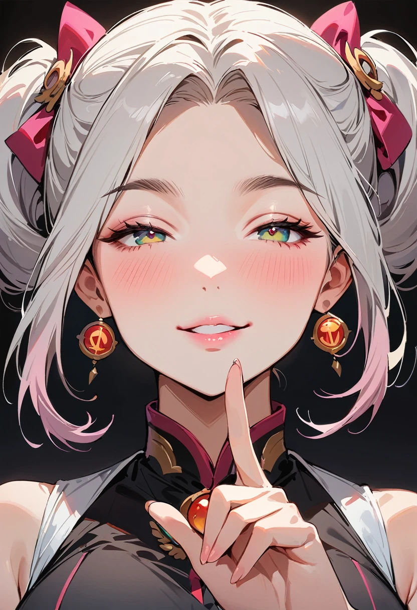 (masterpiece, best quality:1.4), 1 girl, 独奏, Colored pupils, Blurred eyes, Close your left eye, Smile, Look up and down, Pink lower lip, peace gesture, Green double ponytail hairstyle, Royal sister, large breasts, Pure grey vest, Vision, black background.