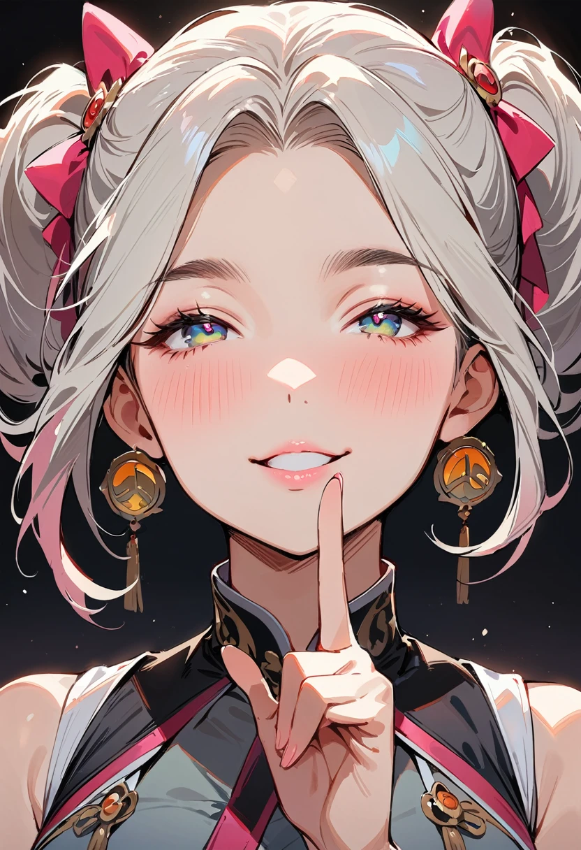 (masterpiece, best quality:1.4), 1 girl, 独奏, Colored pupils, Blurred eyes, Close your left eye, Smile, Look up and down, Pink lower lip, peace gesture, Green double ponytail hairstyle, Royal sister, large breasts, Pure grey vest, Vision, black background.