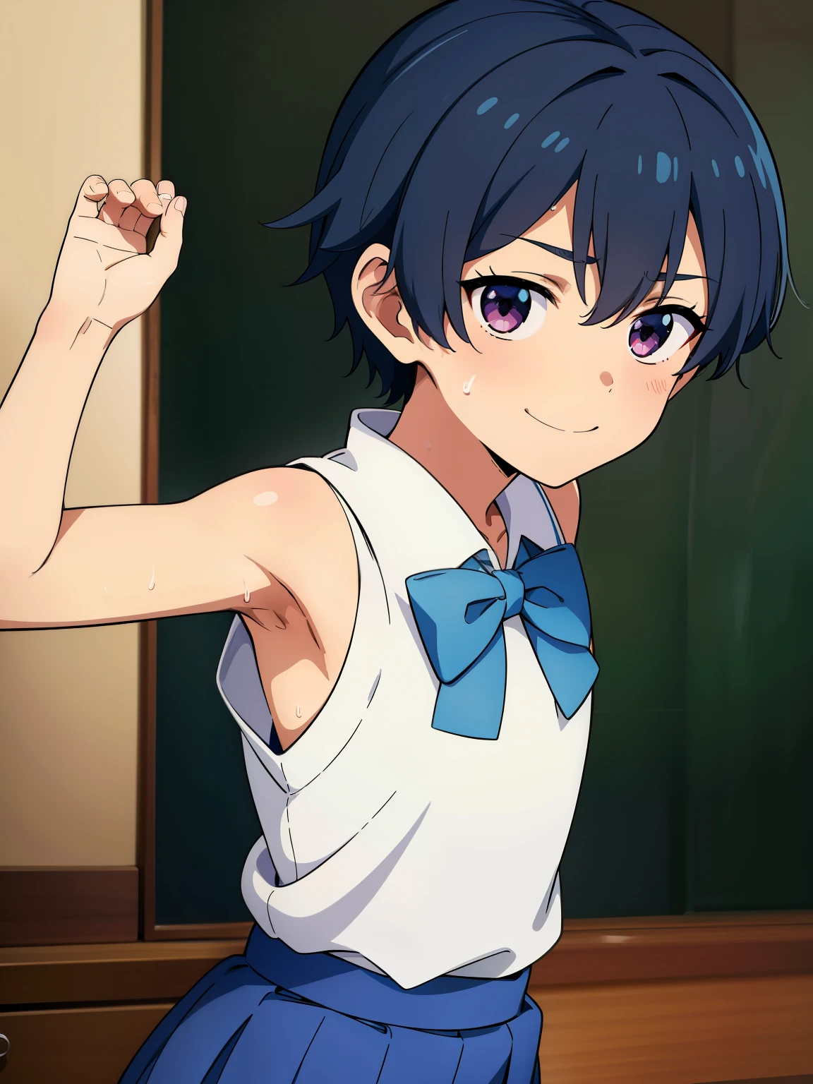 Highres, Masterpiece, Best quality at best,Best Quality,hight quality, hight detailed, Anime style, 1boy, Shota, young boy,  Solo person, benny, HaruCheerUniform, Sleeveless, blue skirt, smile, Flat chest,  Upper body, Seen from the front, look at viewer,Simple beckground, (very young boy), (very small and short body), 12-year-old boys, (Showing armpit:1.3), hansome boy, Uhd, bokeh, sweat