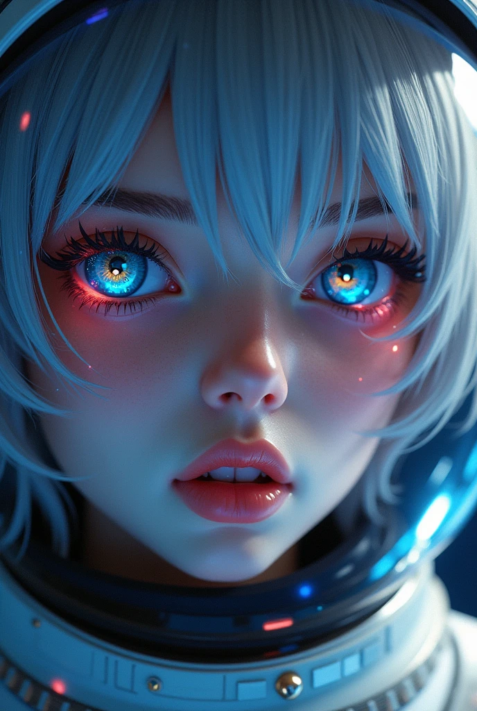(Close-up of a better masterpiece:1.5)0.9], (Space and astronauts:1.2) (Messy silver hair:1.1) (Heterochromia xanthochromia and blue eyes:1.2) (Space Helmet:1.0) (Colored stars in the eyes:1.0) (A radiant glow:1.1) (thick lips:0.9)