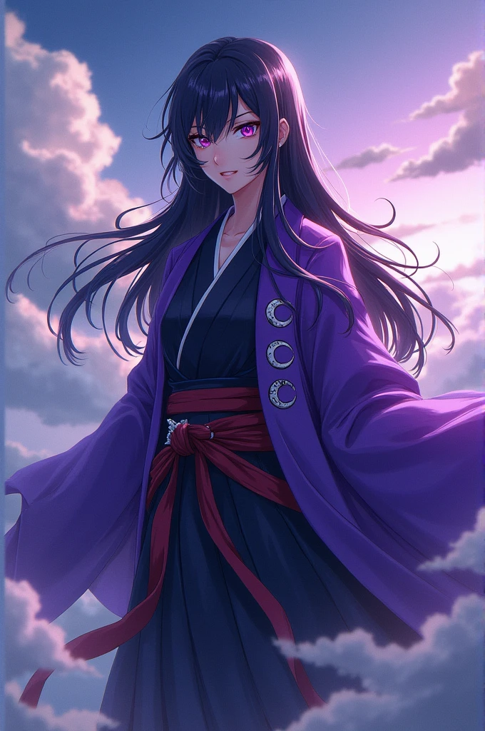 A Demon Slayer character that has long black hair and a Demon Slayer uniform and a purple ahori and moons and is in a sky with clouds and has purple eyes. 
