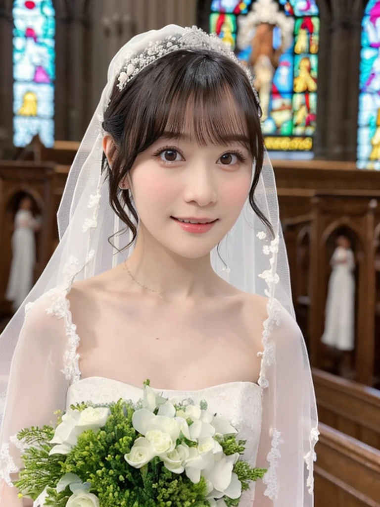 One Girl, (beautiful girl, Delicate girl:1.3), (:1.3),
break, (Bride Costume:1.3),
break, (Standing in the Church:1.2),
break, Very beautiful eyes, (Symmetrical eyes:1.3),
break, Small breasts, Brown eyes, Parted bangs, Brown Hair, (Upper teeth, The best smile:0.2),
break, (Eye and facial details:1.0),
break, (masterpiece, Highest quality, Very detailed, Detailed face, 8k)