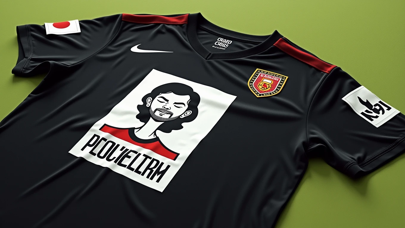 You are a talented illustrator。Generate an image of a soccer boy wearing a shirt with this design。