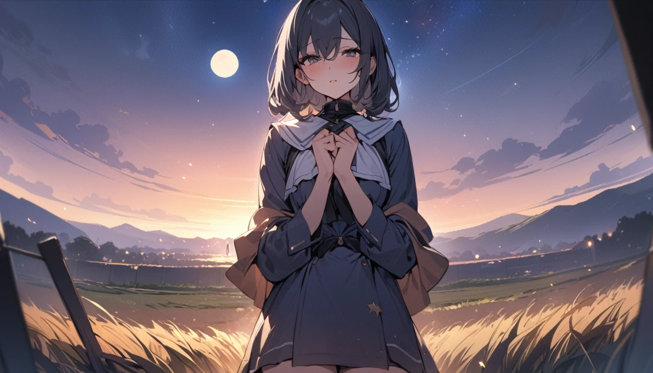 ((Top Quality)), ((Masterpiece)), a standing girl confesses her guilty to the starry sky, in the field, full moon