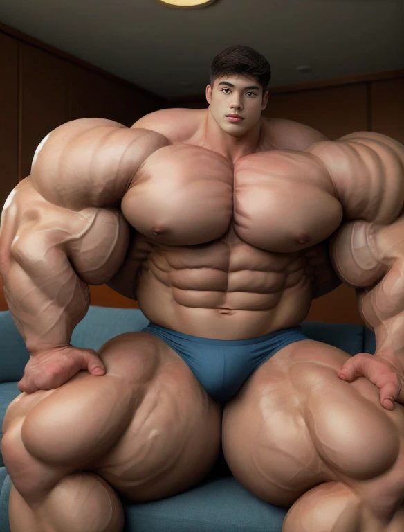 1boy, giant, asian, giant bodybuilder, solo, warm light, strong body, bulk, large size, staring, sitting on couch in the plush dorm room, open legs, nude, navy triangular underwear, prominent bulge, extraordinary big, brutalmass, giant, muscular body, bulk, buff, massive body, large meaty body size, extremely wide body