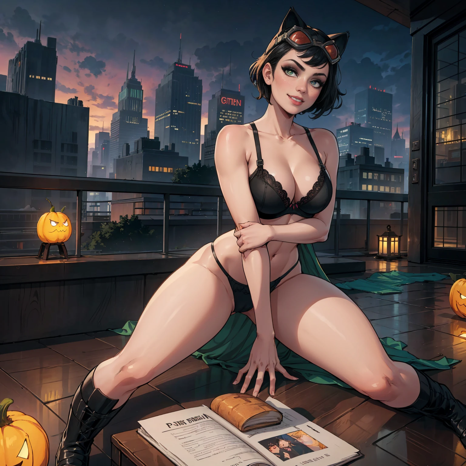 (((solo,1woman, mature, alone))), catwoman, ((black hair, short hair, glowing green eyes, wide eyes, makeup, narrow waist, skinny, medium breasts)), pelvic curtain, ((black panties, black bra, cat ears, goggles, goggles on head)), full body, perfect body, (insanely detailed, beautiful detailed face, masterpiece, best quality), (extremely detailed 8k paper CG wall unit: 1.1), (rooftop, city, gotham city, dusk), (smile face for the viewer), top-down bottom-up, flexible, jack-o challenge, hands on ground, spread legs,