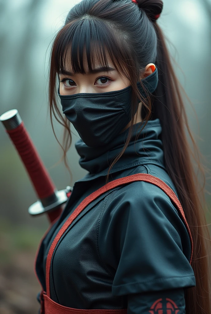superhero, modern super hero costume, ninja, ninja costume, ninja mask on the face, With a Chinese sword, Jin sword,with a Chinese sword, Beautiful Chinese woman, 20 years old, Chinese woman with bangs, courageous character, Kind, Brave, determination, on the battlefield, atmospheric perspective, Motion blur, 8k, super detailing, Best quality, uhd, high detail