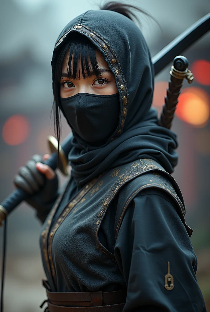 superhero, modern super hero costume, ninja, ninja costume, ninja mask on the face, With a Chinese sword, Jin sword,with a Chinese sword, Beautiful Chinese woman, 20 years old, Chinese woman with bangs, courageous character, Kind, Brave, determination, on the battlefield, atmospheric perspective, Motion blur, 8k, super detailing, Best quality, uhd, high detail