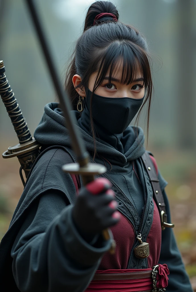 superhero, modern super hero costume, ninja, ninja costume, ninja mask on the face, With a Chinese sword, Jin sword,with a Chinese sword, Beautiful Chinese woman, 20 years old, Chinese woman with bangs, courageous character, Kind, Brave, determination, on the battlefield, atmospheric perspective, Motion blur, 8k, super detailing, Best quality, uhd, high detail