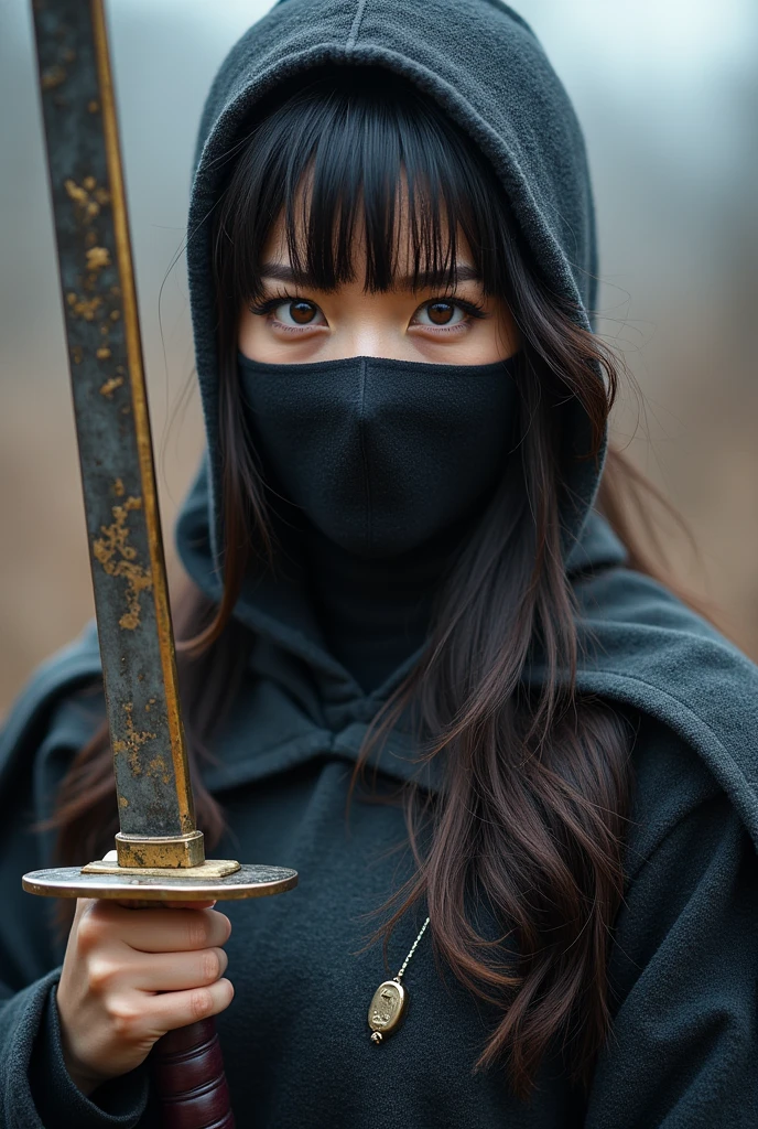 superhero, modern super hero costume, ninja, ninja costume, ninja mask on the face, With a Chinese sword, Jin sword,with a Chinese sword, Beautiful Chinese woman, 20 years old, Chinese woman with bangs, courageous character, Kind, Brave, determination, on the battlefield, atmospheric perspective, Motion blur, 8k, super detailing, Best quality, uhd, high detail