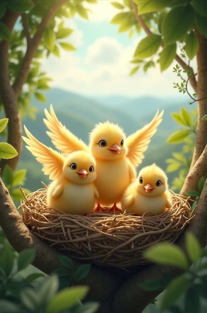 There are three little chicks sitting in a nest built high up in a tree, one of which is getting ready to fly.