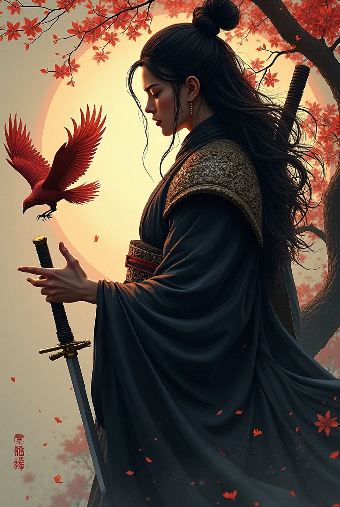 black warrior, phoenix in hand, samurai hair, background ype tree, 真实感, 

