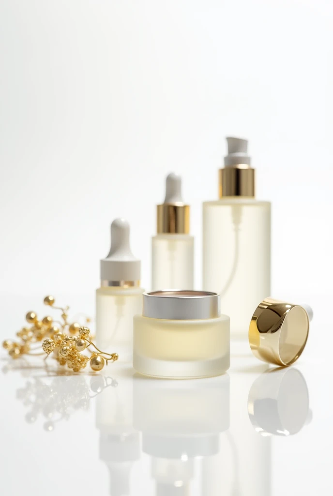 Unlabeled beauty products, white background, clear, posh, chic, Serum, glass, doradas