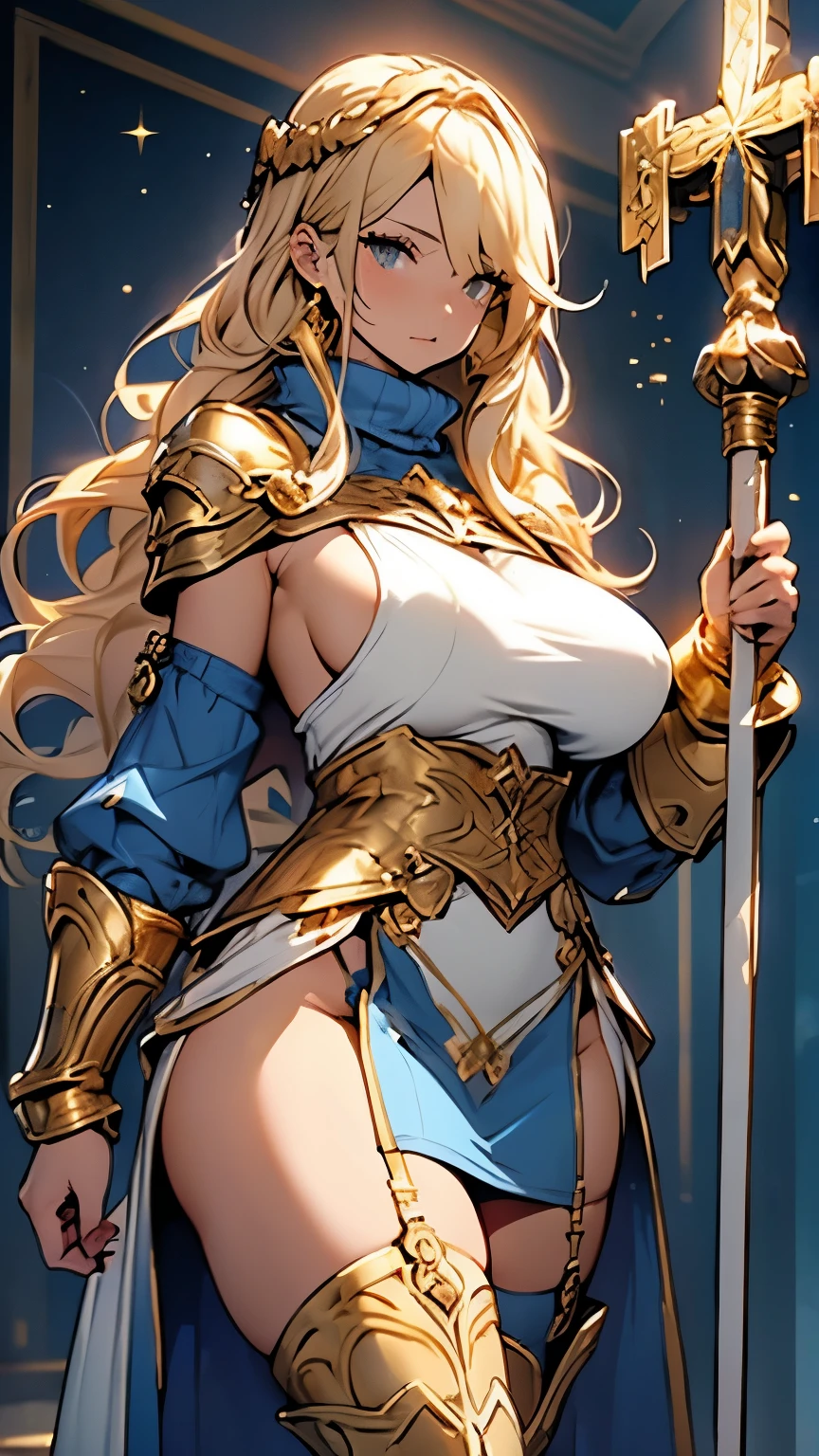 Blonde、Druid、(Great gold gauntlet、Gold boots)、(Blue turtleneck dress、Blue tight mini skirt、White knee-high socks、Gold Garter Belt、Gold string panties )、(Huge breasts、Sideboob、Wide Hips、Thick thighs、Plump、curve、glamorous)、NSFW、Holding a giant gold cross mace