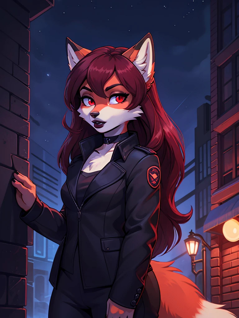 Best quality, furry girl red fox with red eyes, with jet black long hair, with black spout, with burgundy lipstick, big lips, in a classic black jacket, with a black choker around his neck, in a spy costume, portrait, shoulder-high, against the background of the night Soviet city