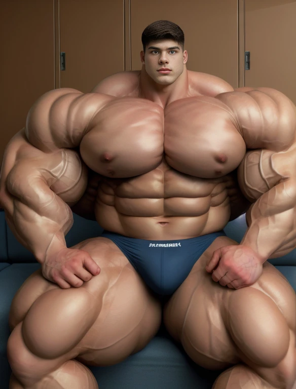 1boy, giant, asian, giant bodybuilder, solo, warm light, strong body, bulk, large size, staring, sitting on couch in the locker room, open legs, nude, navy triangular underwear, prominent bulge, extraordinary big, brutalmass, giant, muscular body, bulk, buff, massive body, large meaty body size, extremely wide body