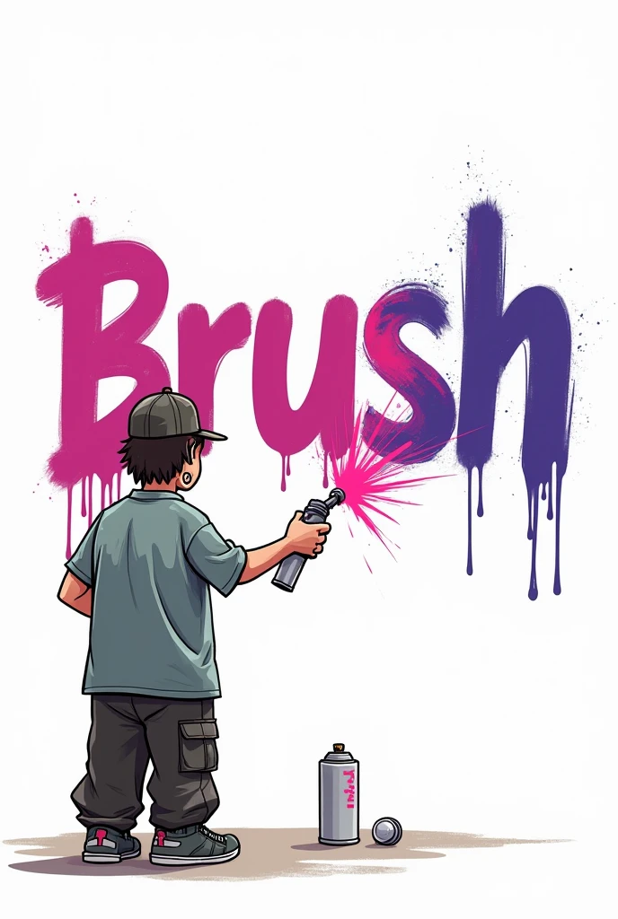 A person spray-painting the name Brush , Cartoon, with baggy clothes , With Cap , Tattoo on the arm, on a white background