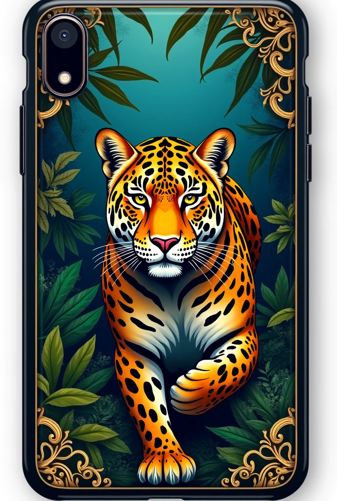 A card protector that goes in the phone case with the theme of the great jaguar of Guatemala